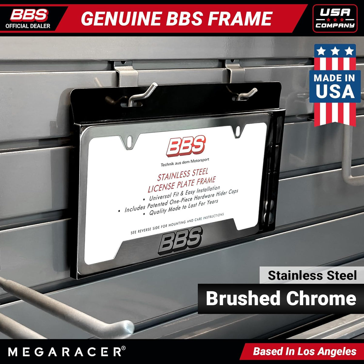BBS Official Brushed Chrome Stainless Steel License Plate Frame – Made in USA – Premium Rustproof Powder-Coated Metal Car Accessory – Universal Fit – 1 Pack