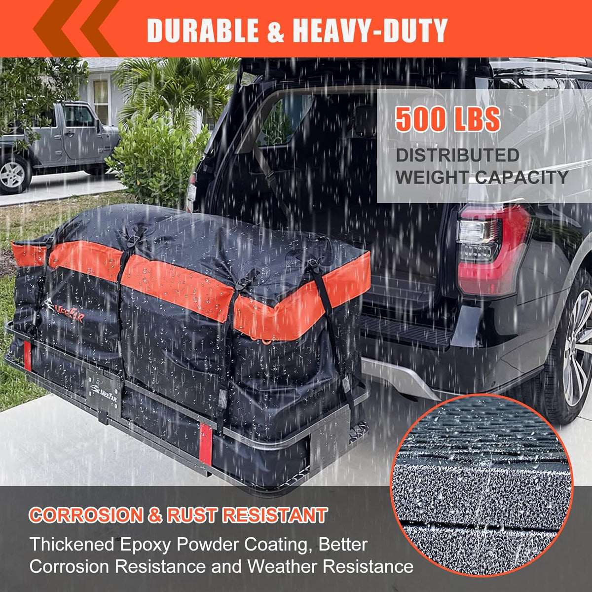 MeeFar Folding Hitch Mount Cargo Carrier Basket 60" X 20" X 6"+Waterproof Cargo Bag 16 Cubic Feet(58" 19" 24"),Hauling Weight Capacity of 500 Lbs and A Folding Arm.with Hitch Stabilizer,Net and Straps