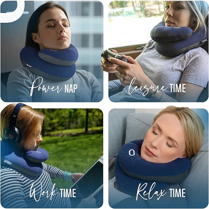 BCOZZY Travel Neck Pillow for Airplane – Patented Double Support for Head, Neck, and Chin. Best for Long Flights, Plane Sleeping & Car Rides. Adjustable Size. Fully Washable. Carry Bag. X-Large, Navy