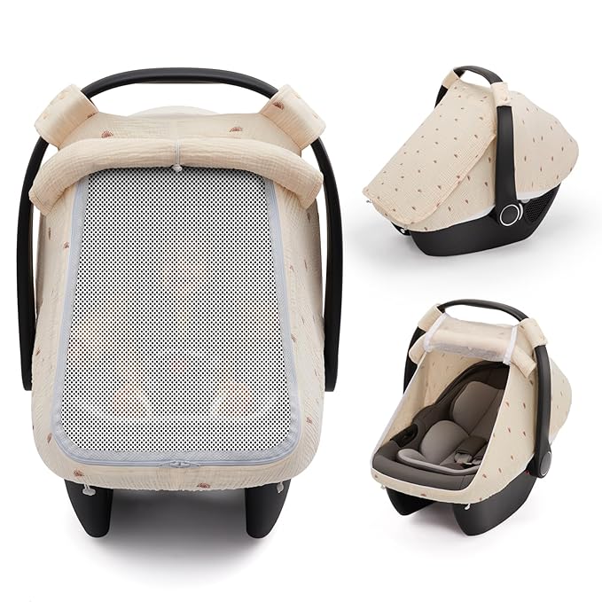 Blissful Diary Baby Car Seat Cover, Extra Large Mesh Window, Breathable Muslin Cotton, Infant Windproof Canopy, Must-Have Baby Gift - Sunshine