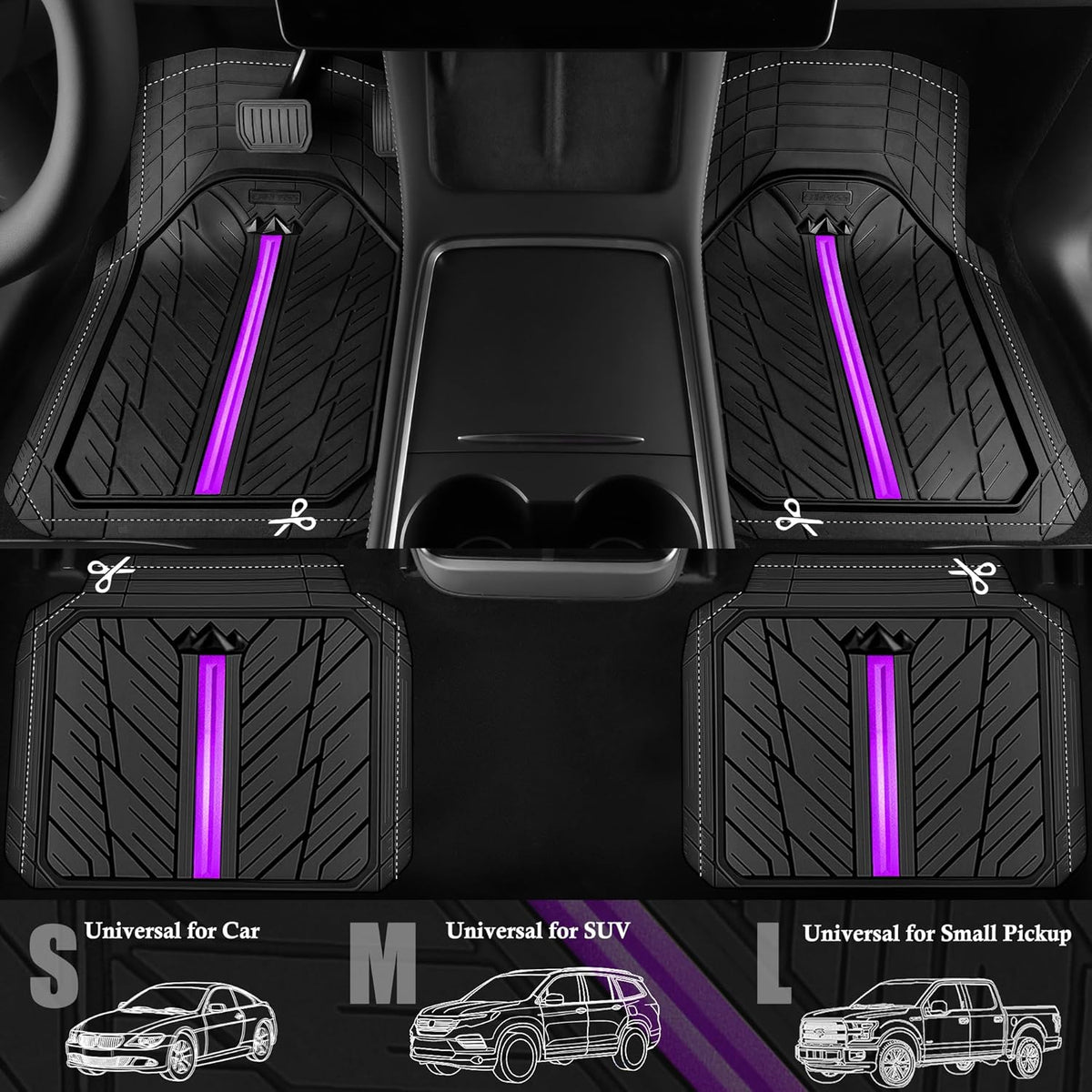 CAR PASS Metal Medium Rubber Floor Mats for Car Heavy Duty Car Mats All Weather, Universal Trim to Fit for Truck SUV Vehicle Automotive Floor Mats, Waterproof Car Mats 4 Piece Black Purple