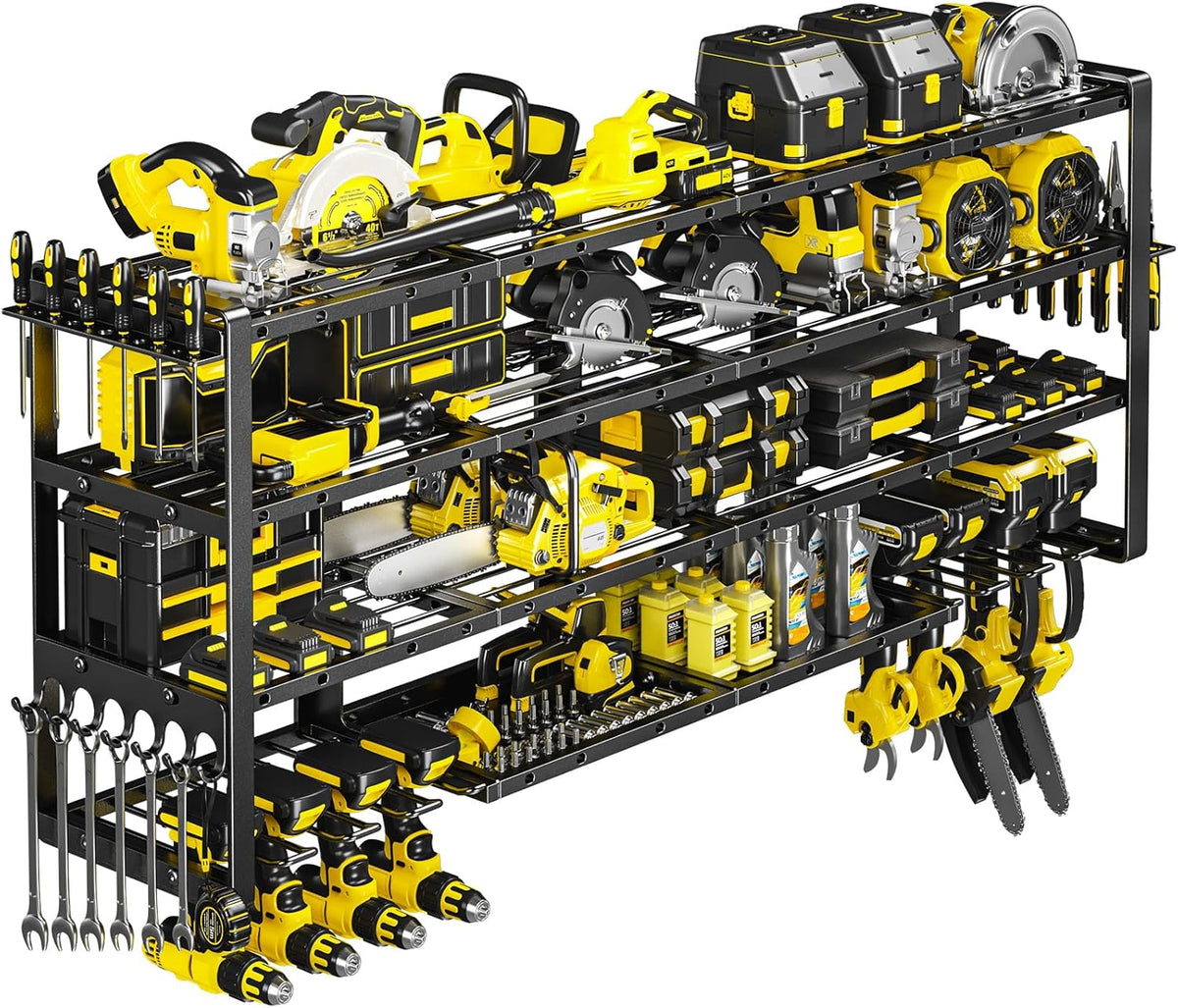 64”W Power Tool Organizer Wall Mount, Heavy Duty 8-Drill Cordless Drill Holder Supports 800 lbs, 4-Layer Corner or Straight Assembly Large Tool Battery Storage Rack for Garage Workshop