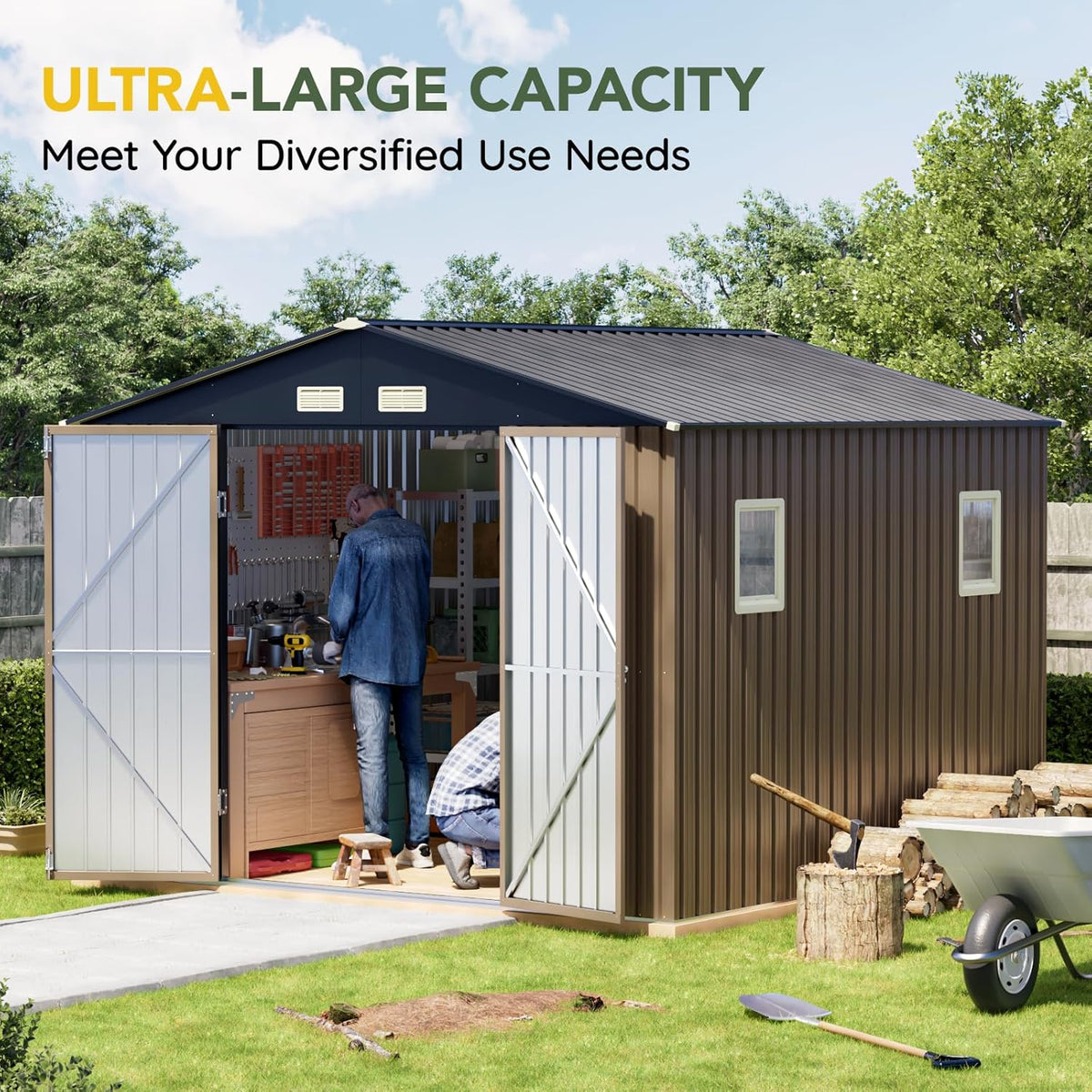 Breezz Outdoor Storage Shed 10 x 10ft. Utility Tool Shed Metal Storage Garden Shed with Lockable Doors & Windows for Patio Storage,Brown