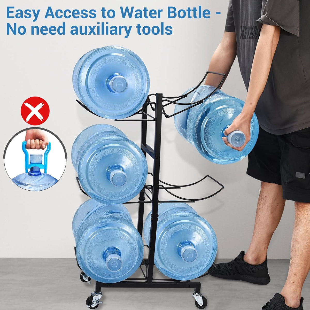 5 Gallon Water Jug Holder with 4 Wheels, Movable Heavy Duty Foldable Water Jug Stand 3-Tier 5 Gallon Water Bottle Holder Water Cooler Jug Storage Rack for 6 Bottles(Black)