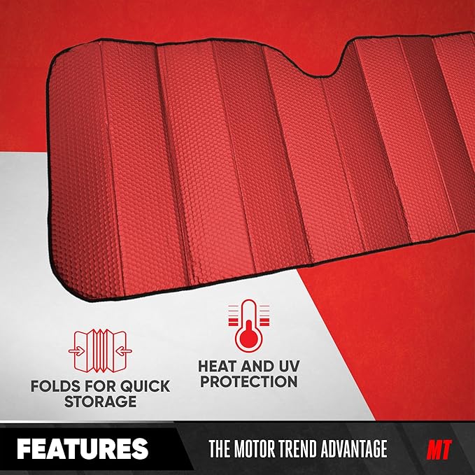 Motor Trend Red Accordion Folding Car Windshield Sun Shade - Blackout Sun Visor for Car Windshield - Foldable Jumbo Sunshade and Front Window Truck Sun Screen for UV Sun Protection - 66 x 27