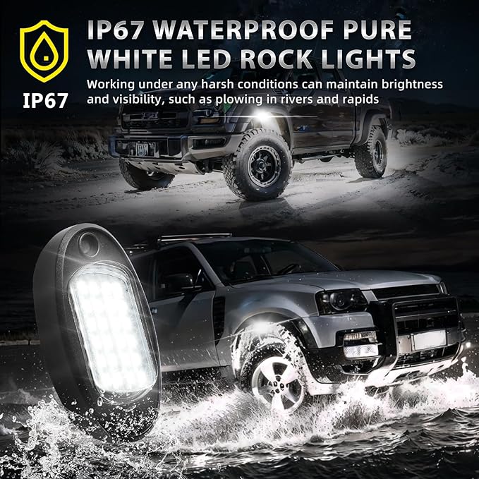 8 Pods White LED Rock Lights for with Switch Extension Harness, 6000K 24 LEDs Pure White Underglow Kit for Truck Trailer Offroad SUV UTV RZR, IP68 Waterproof Under Trail Rig Fender Lighting