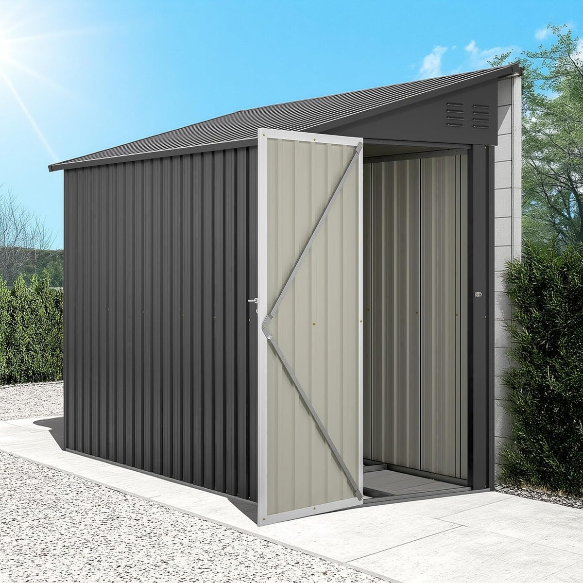 4 x 8 FT Metal Outdoor Storage Shed with Foundation, Lean to Storage Sheds w/Lockable Door and Air Vents, All Weather Waterproof Garden Tool House for Backyard, Patio, Lawn, Black