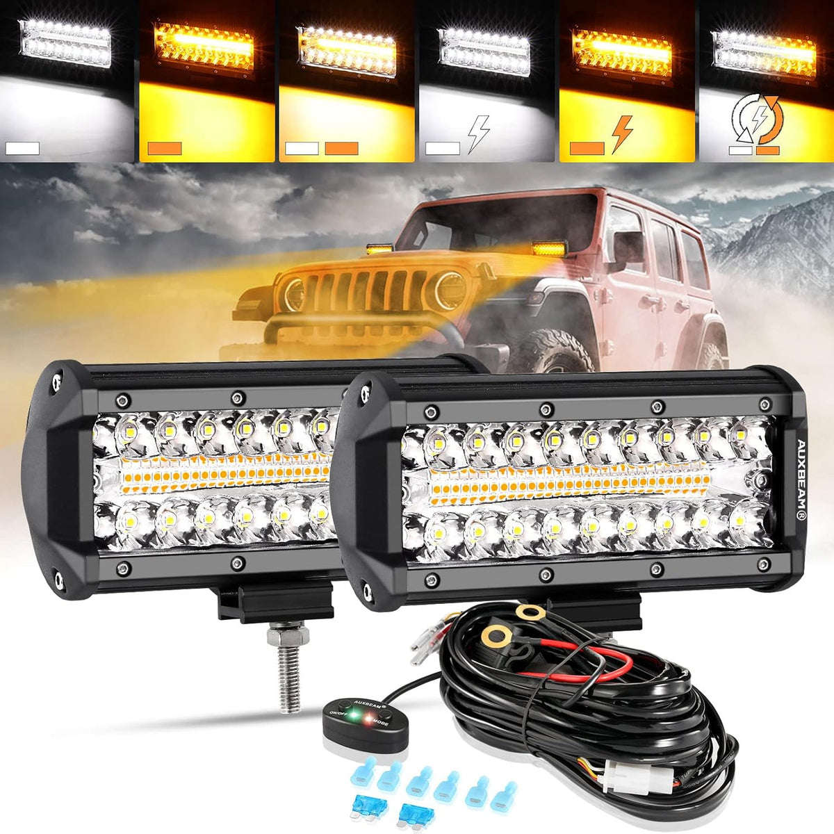 Auxbeam 7 Inch 300W LED Light Bar, 6 Modes Strobe Amber Pod Lights Yellow Fog Light Dual Color Spot Flood Offroad Driving Lights, Memory Function LED Work Lights for Truck Car ATV