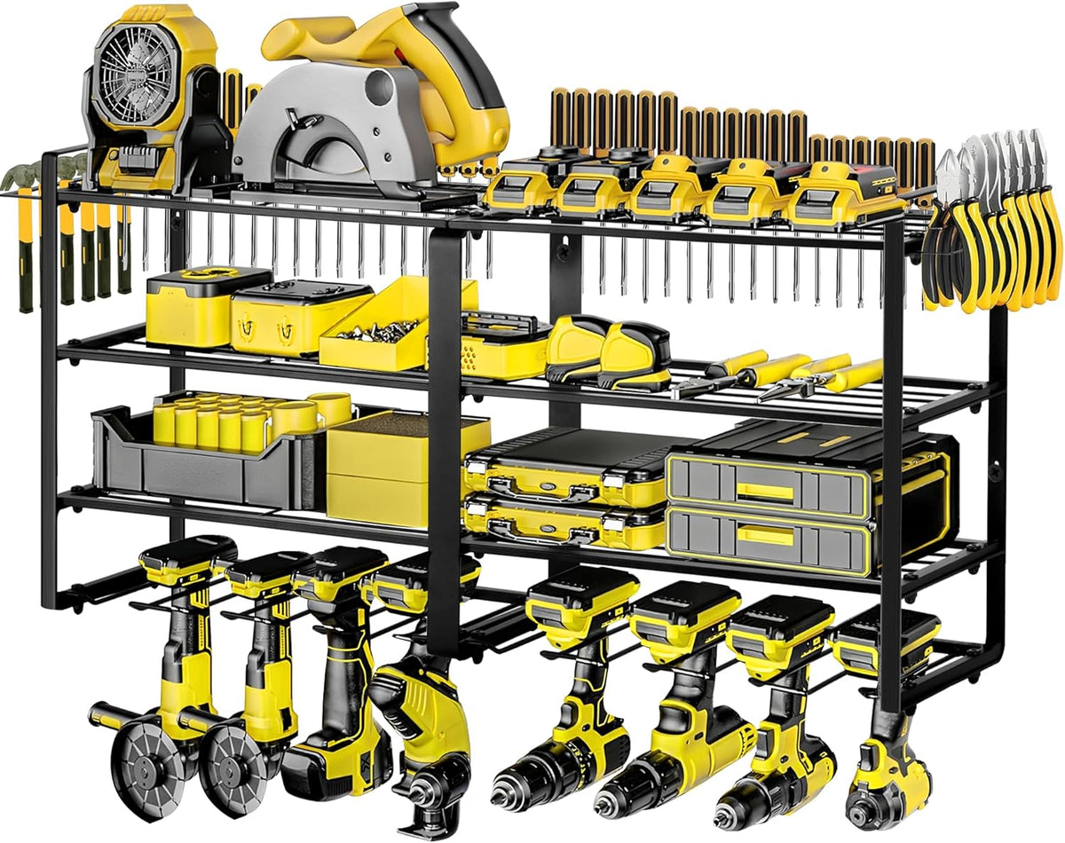 Metal Power Tool Organizer,Space-Saving Wall-Mounted Power Tool Rack,Holds 8 Drills + 4-Tier Storage,Durable Steel Construction for Garage, Workshop and Shed Organization