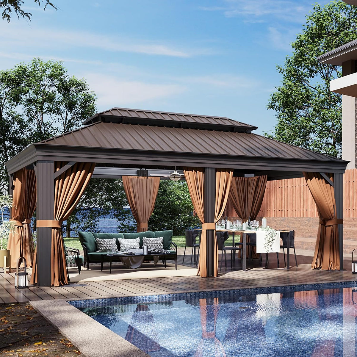 Aoxun 12' X 20' Permanent Hardtop Gazebo Aluminum Gazebo with Galvanized Steel Double Roof for Patio Lawn and Garden, Curtains and Netting Included, Brown