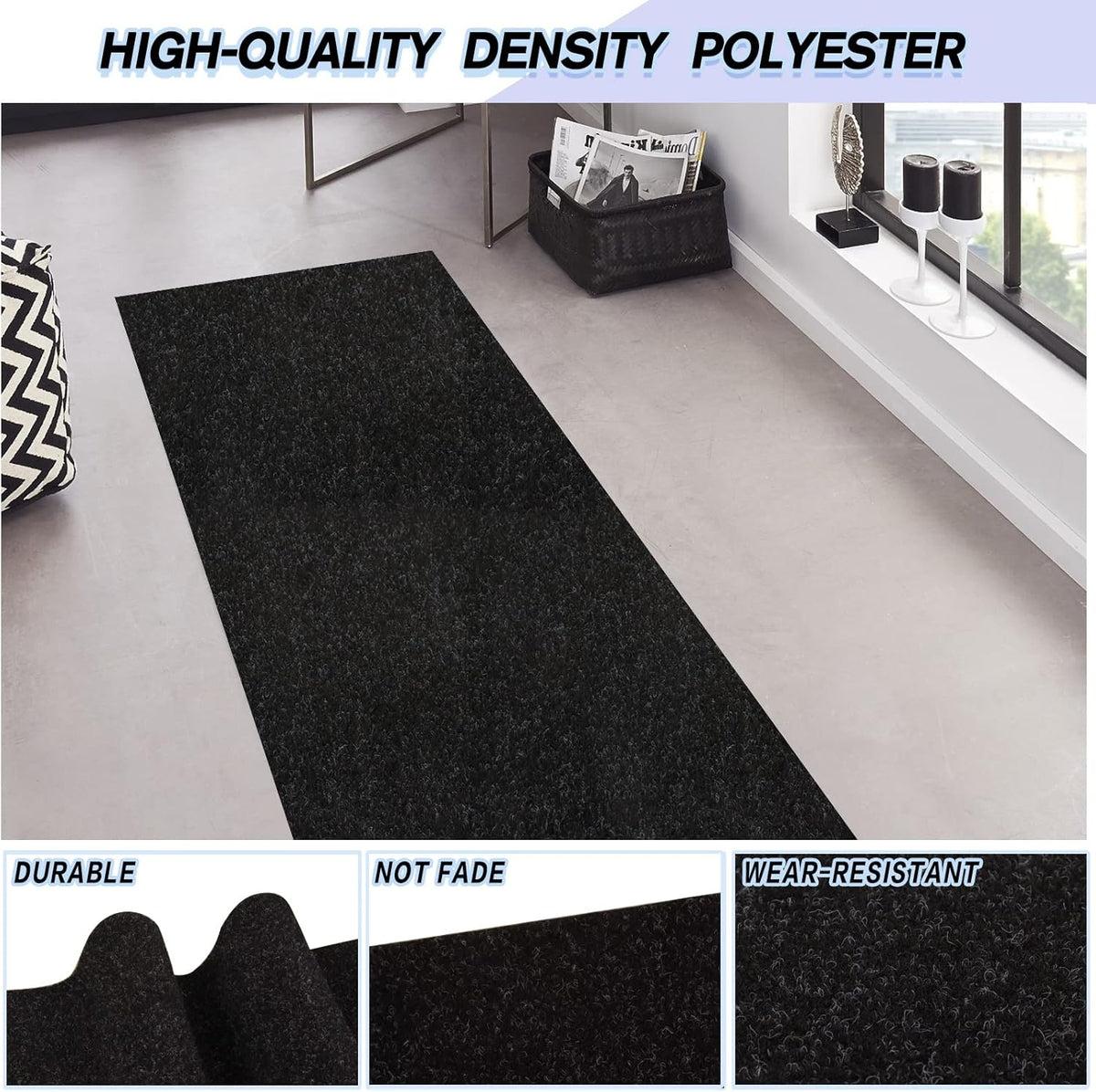 Custom Size Backed Non-Slip Area Rugs Runner, Easy Clean, Waterproof Runner Rugs for Hallway Entryway, Kitchen, Laundry, 3FT x 21FT, Black