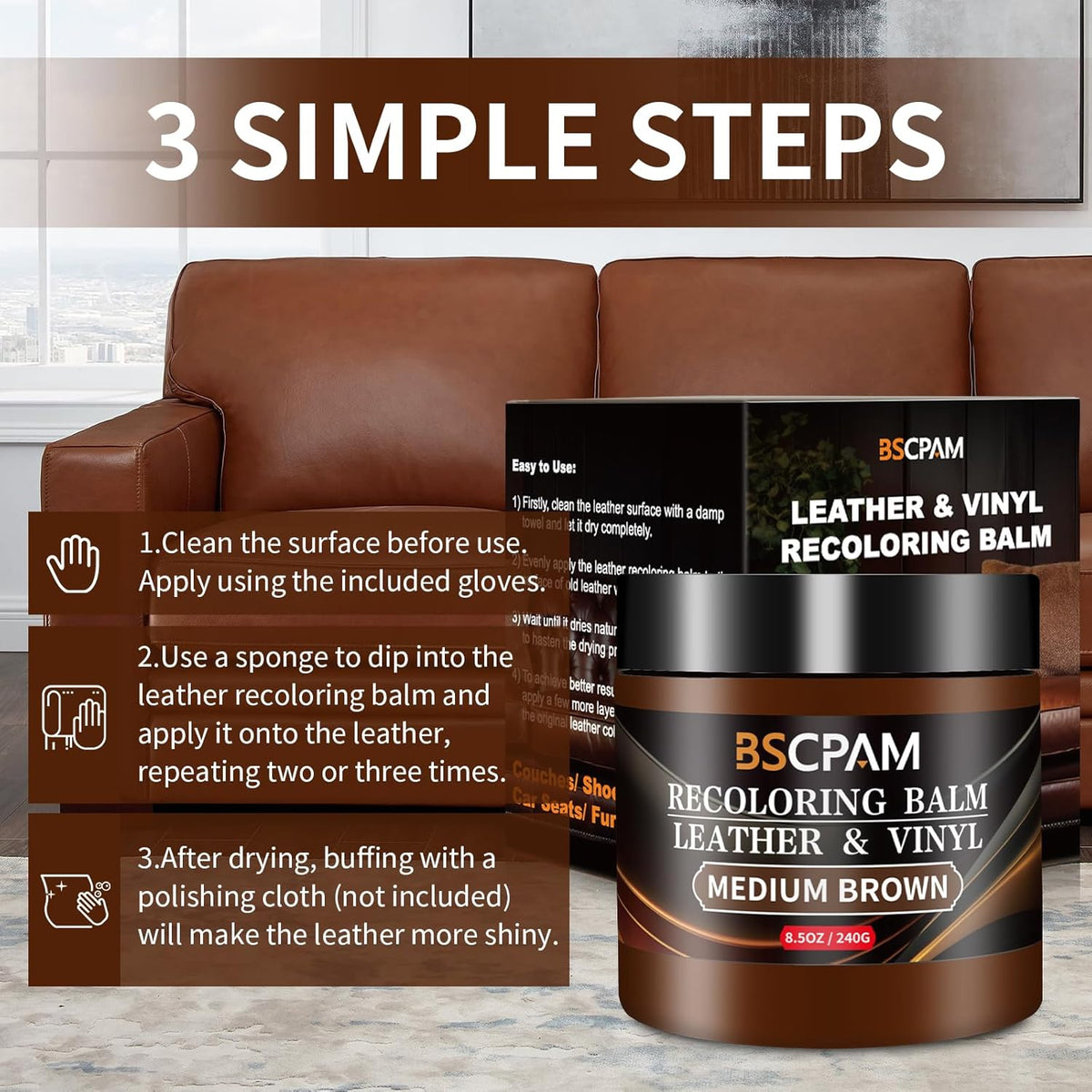 Medium Brown Leather Recoloring Balm,Leather Couch Scratch/Stain Remover,Leather Repair kit for Vinyl Furniture and Car Interior,Leather Dye Paint for Scratched and Faded Leather Couches