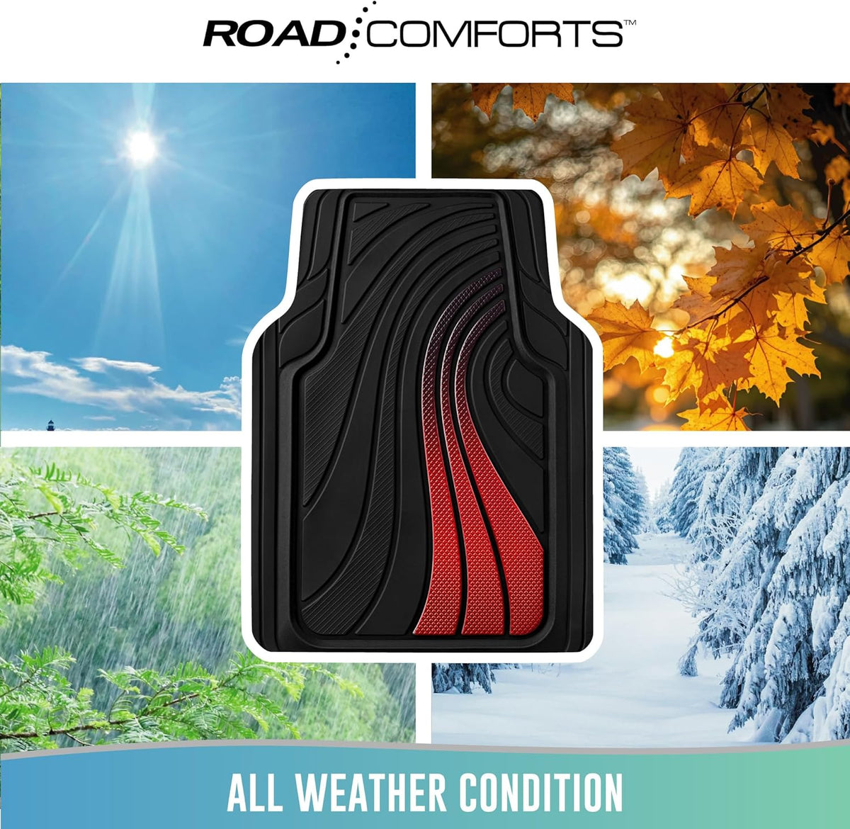 Road Comforts Car Floor Mats Full Set – Front & Rear Car Floor Mats with Aluminum Design, Anti-Slip Backing, All-Weather Protection, Trim-to-Fit Car Mats for Most Sedans, SUVs & Vans - Red