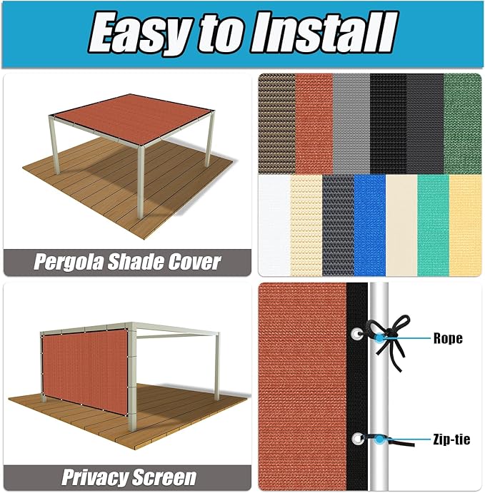 Amagenix 90% Pergola Shade Cover 11' X 11' Sun Shade Cloth with Grommets for Outdoor Garden Patio Porch, Commercial Grade 200 GSM - Cable Zip Ties Included (We Customized) GN108, Rust Red