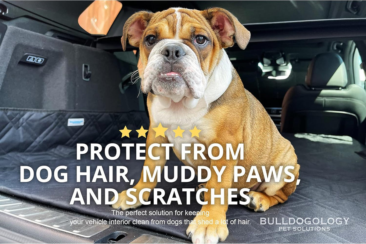 Bulldogology SUV Cargo Liner for Dogs 55"x106" Heavy Duty Pet Trunk Cargo Cover - Dog Car Seat Cover Waterproof Nonslip - Dog Hair, Muddy Paws, Scratches Cover Protector for Cars Vans (X-Large, Black)