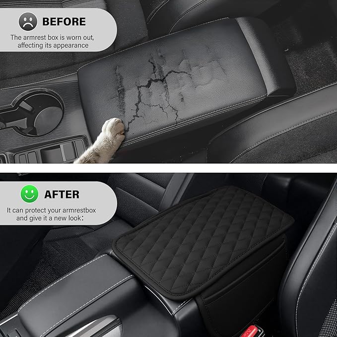 Amiss Car Center Console Cover, Upgraded Leather Car Armrest Cushion with 2 Storage Pockets, Universal Waterproof Cushion Pad, Non-Slip Car Interior Accessories, Fits Most Sedans SUVs Trucks (Black)