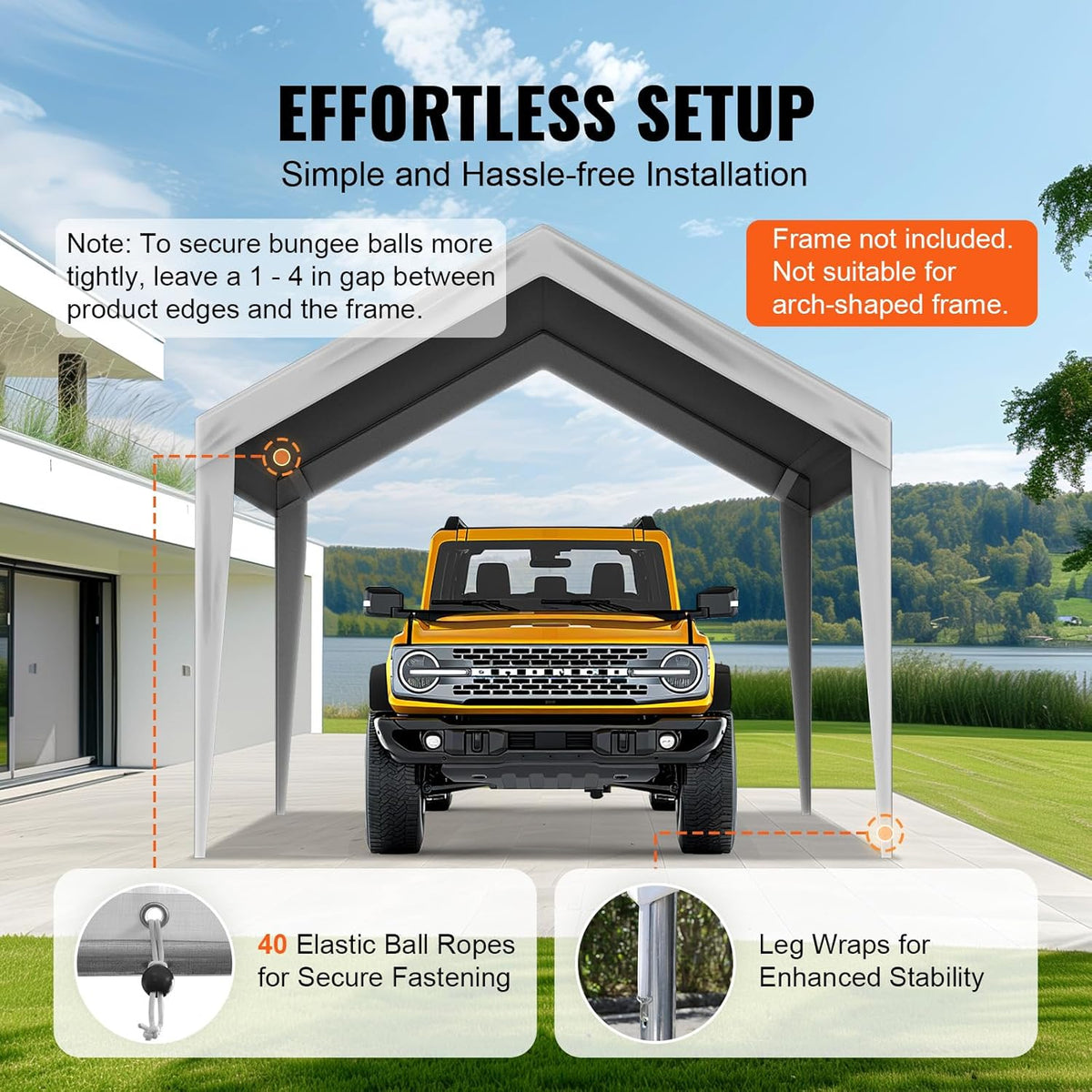 VEVOR Carport Replacement Canopy Cover 10 x 20 ft, Garage Top Tent Shelter Tarp Heavy-Duty Waterproof & UV Protected, Easy Installation with Ball Bungees,Grey (Only Top Cover, Frame Not Include)