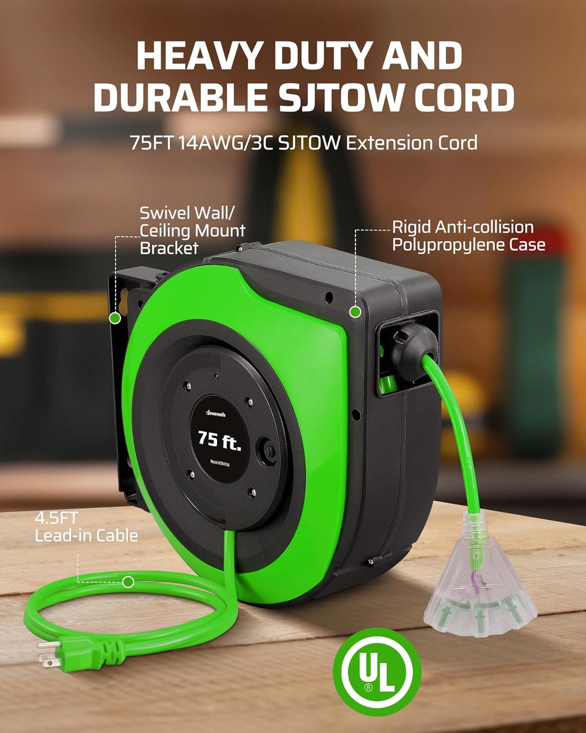 DEWENWILS Retractable Extension Cord Reel, 75 FT Heavy Duty Power Cord, 14/3C SJTOW Retractable Cord Reel, Lighted Triple Outlets, 10A Circuit Breaker, Wall/Ceiling Mount, UL Listed, Green