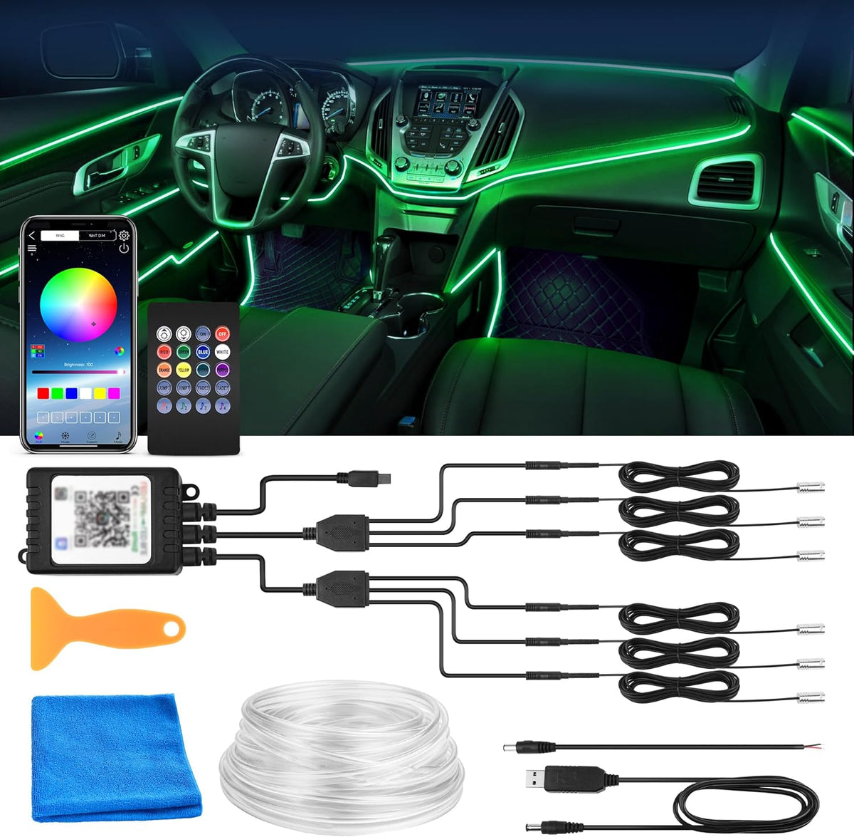 MICTUNING Car LED Interior Strip Light, 6 in 1 RGB Multicolor with 390 inches Fiber Optic Ambient Lighting Kits with Remote and APP Control, Car USB LED Strip Lights with Music Sync Mode