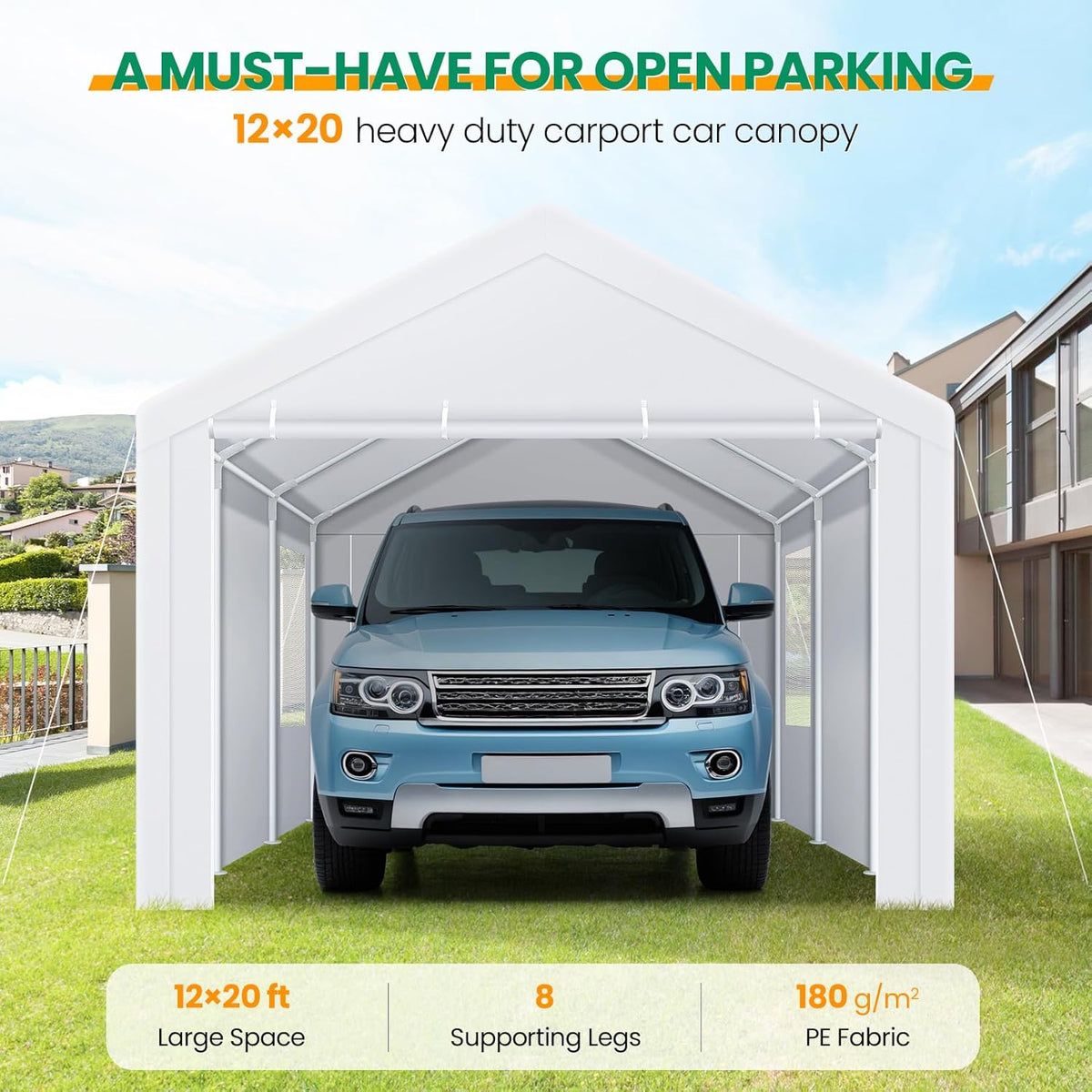 COBIZI Carport Canopy 12x20 Heavy Duty Portable Garage with Removable Sidewalls & Doors, Galvanized Frame Car Port Canopy Tent with Built-in Sandbags & All-Season Tarp for Car Boat Truck, White