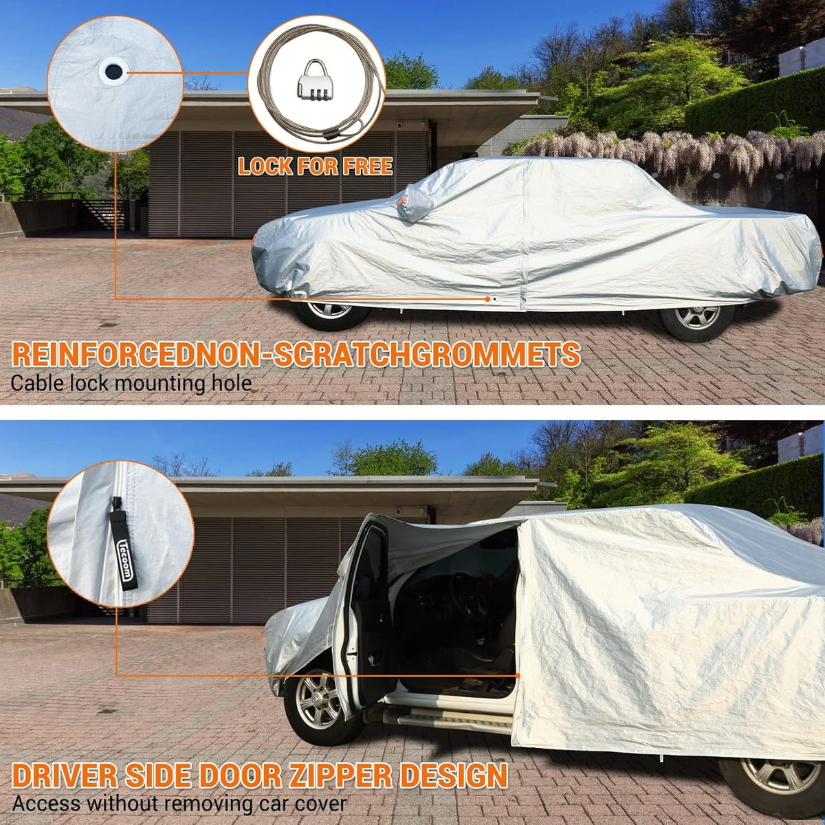 Tecoom Truck Cover Waterproof All Weather, 3 Layers Full Pickup Cover, Fleece Lining Outdoor Cover with Zipper Door/Lock for Snow Rain Protection, Universal Fit Regular/Extended/supercrew Cab