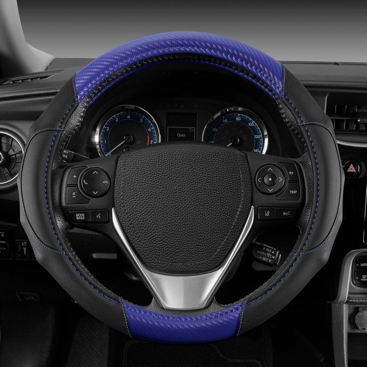 Motor Trend GripDrive Carbon Fiber Steering Wheel Cover, Non-Slip Sporty Racing Faux Leather Ergonomic Comfortable Handle, Steering Wheel Cover for Cars Trucks Vans SUV - Fits Standard 15 Inch - Blue