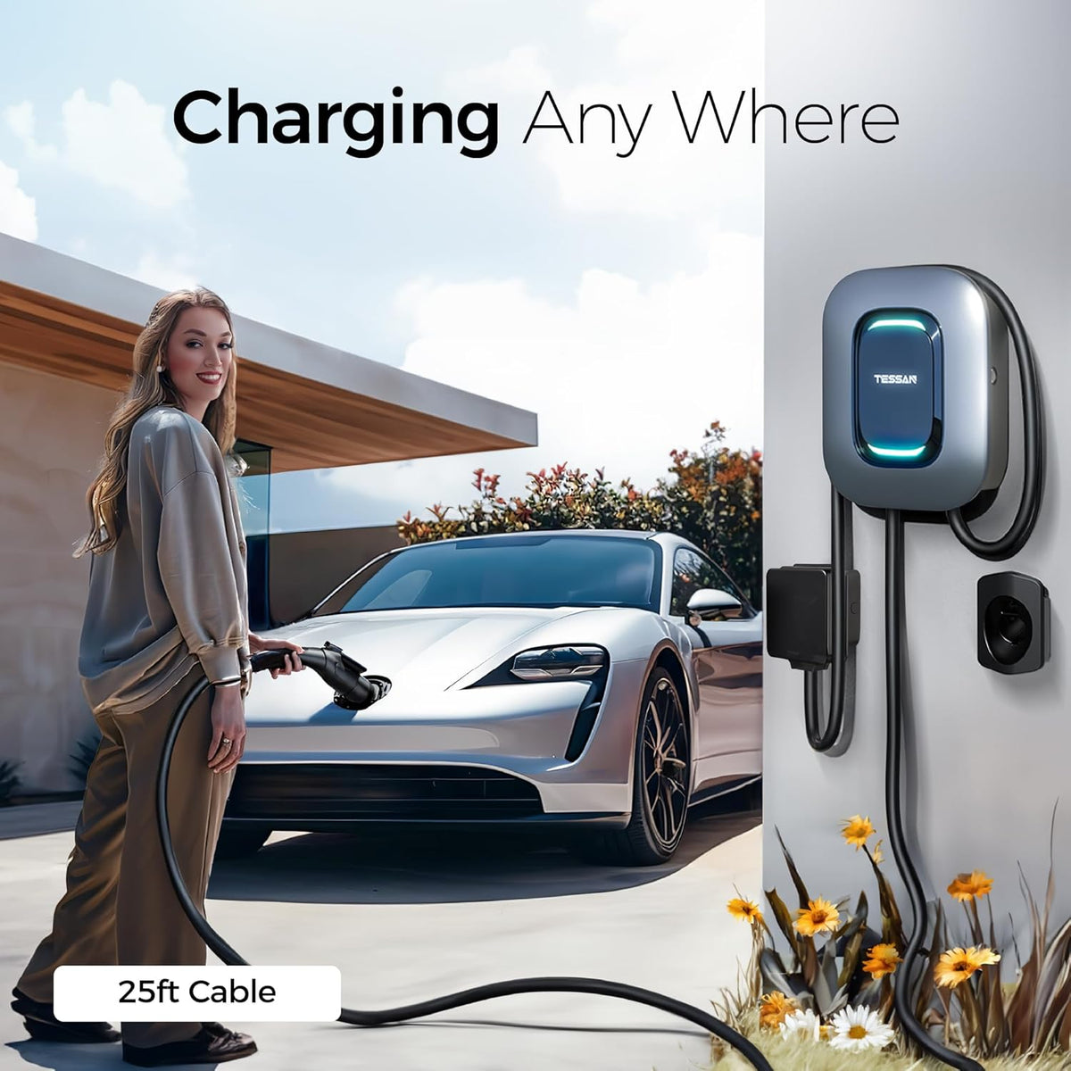 TESSAN Level 2 EV Charger, Hardwired Electric Vehicle Fast Charging Station, 48A/240V Smart Equipment App Control Wi-Fi （Only 2.4Ghz）& Bluetooth, 25ft Cable with Holder for Indoor Outdoor Home
