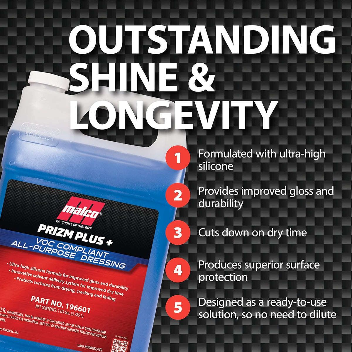 Malco Prizm Plus All-Purpose Dressing – Ultra High Silicone Formula Gives Superior Shine and Durability to Interior Rubber and Vinyl Surfaces/Protects Against Fading and Cracking/1 Gallon (196601)