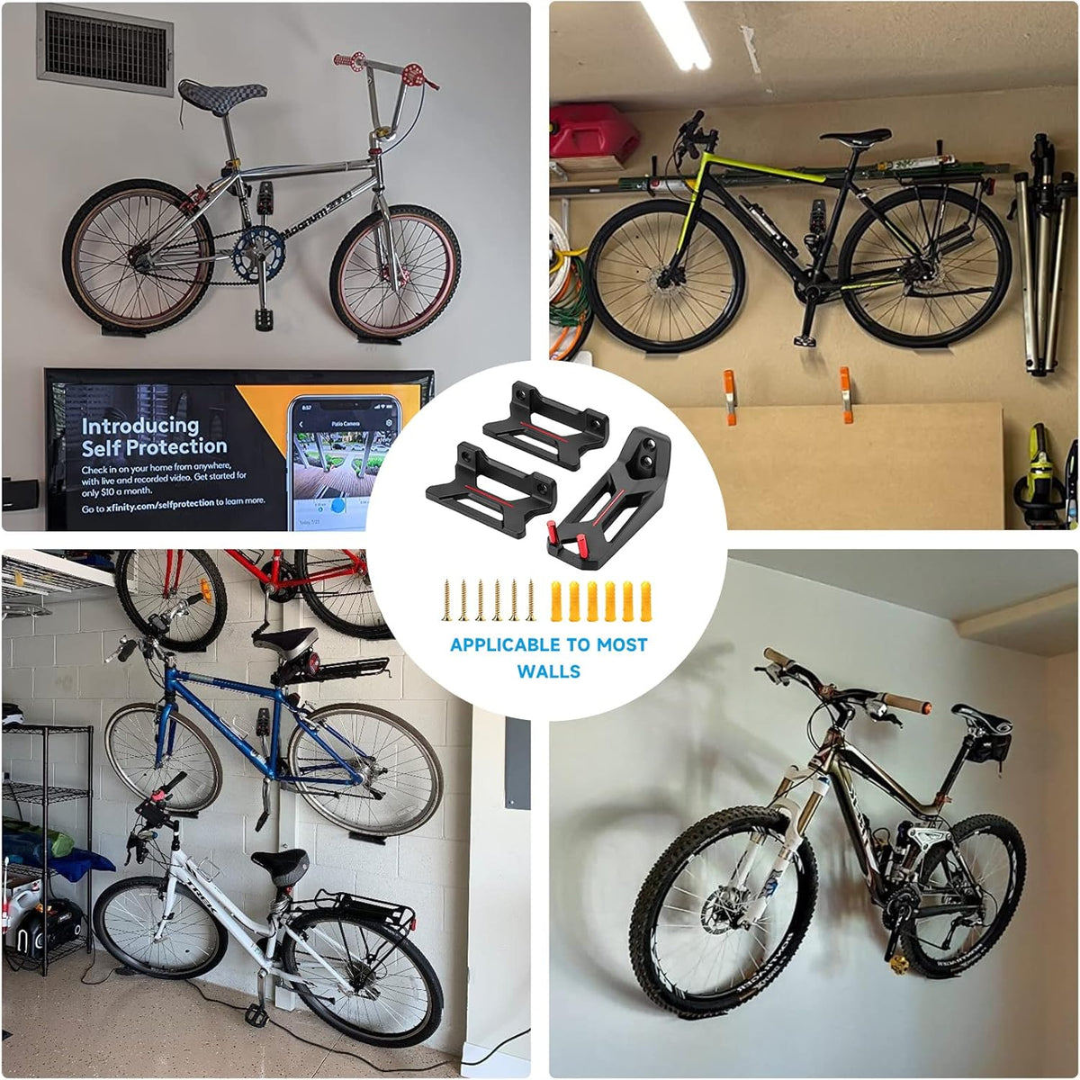 Bike Wall Mount, Horizontal Indoor Storage Bike Hook Rack for Garage or Home, Heavy Duty Bicycle Hold hooks for Road, Mountain or Hybrid Bikes.