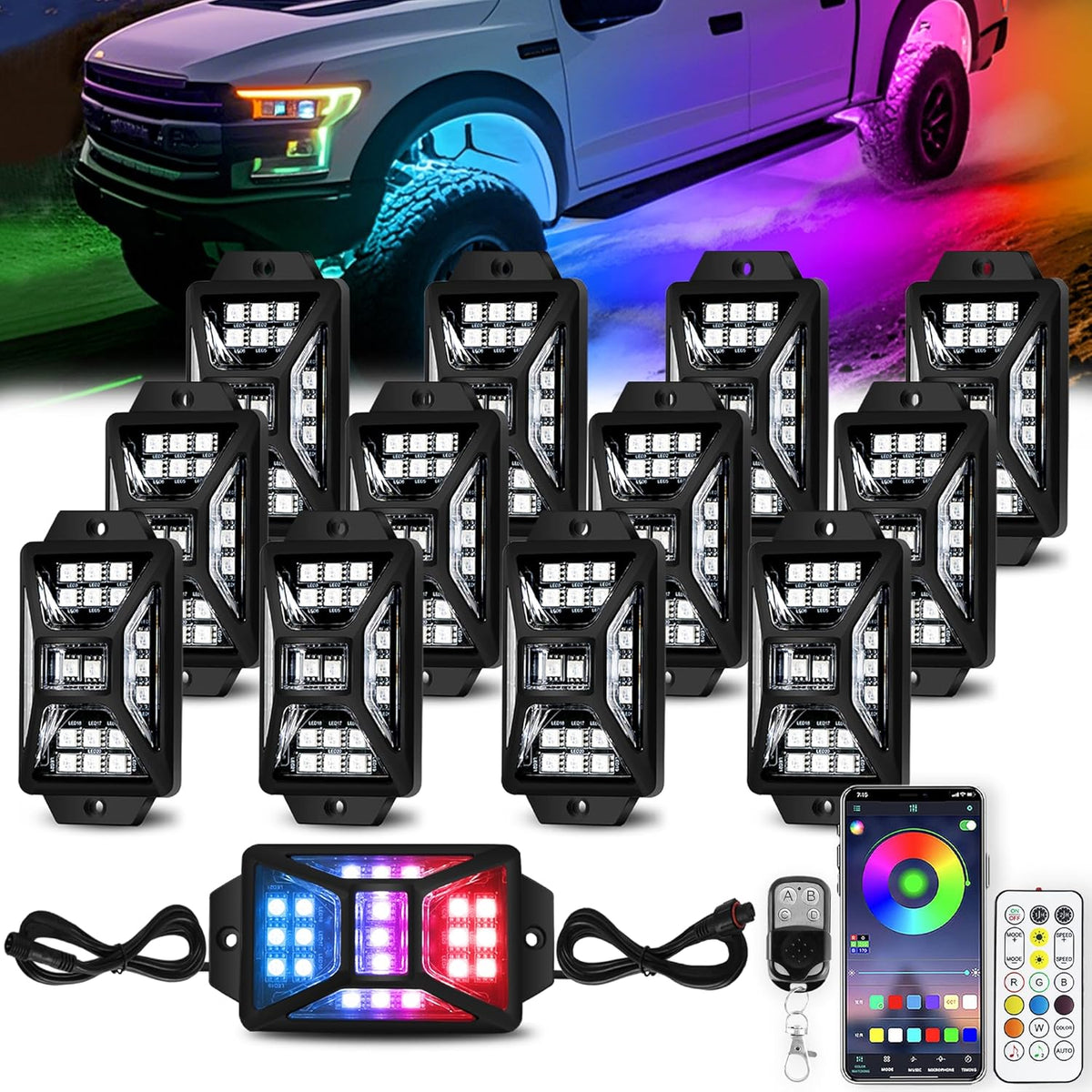 12 Pods 252 LEDs 5 Sides RGB Rock Lights, App/2 Remote Control Rock Lights for Trucks, Waterproof Multi-Color Bright Underglow Kits with Music Mode, Compatible with 12V Jeep UTV SUV ATV Golf RZR