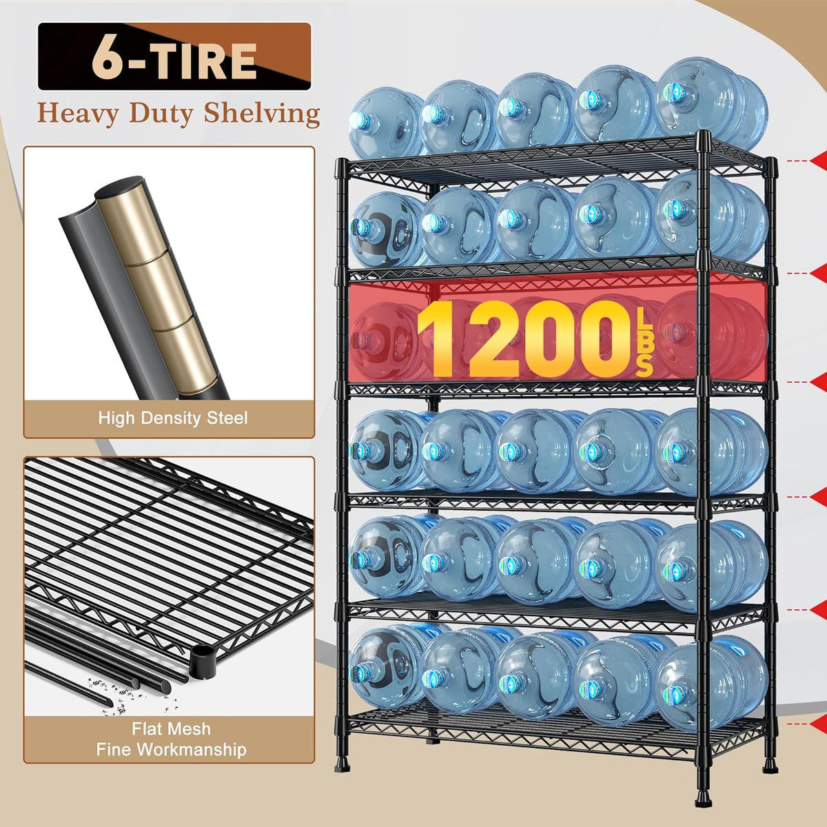 REIBII 71" H Storage Shelves 6 Tier Wire Shelving Unit 1200LBS Metal Shelves Adjustable Shelving Units and Wire Shelf Storage Rack Shelf Metal Shelving, Dorm Storage Shelves, 71" H x 29" W x 14" D
