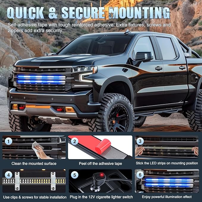 Nilight 2PCS 24 inch Truck Grille Strobe Lights Strip 384 LED Emergency Light Blue White Flexible Side Flashing Warning Caution Safety Waterproof Lighting Kit for Trucks Tow Plow Construction Vehicles