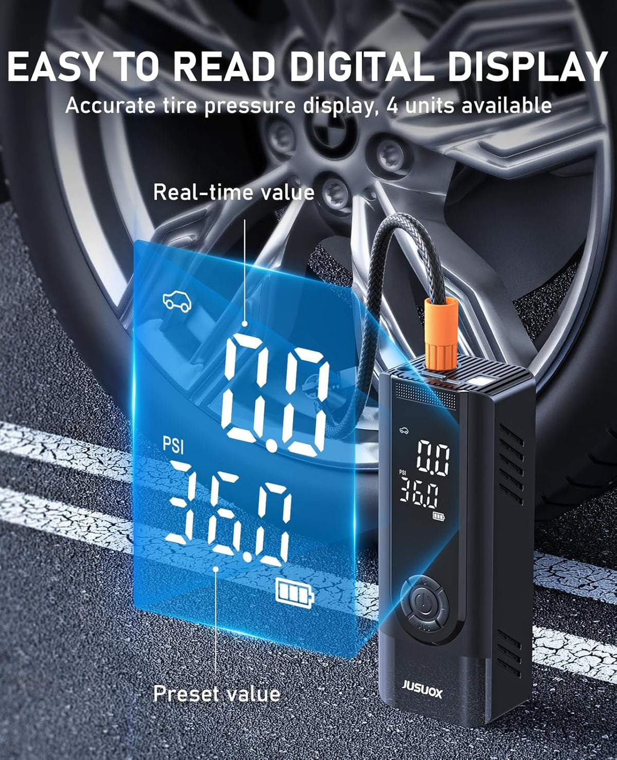 Tire Inflator Portable Air Compressor, 150PSI Cordless Air Pump for Car Tires, Battery & 12V DC Dual Power Electric Bike Tire Pump with Digital Pressure Gauge, LED Light, for Motorcycle, Ball