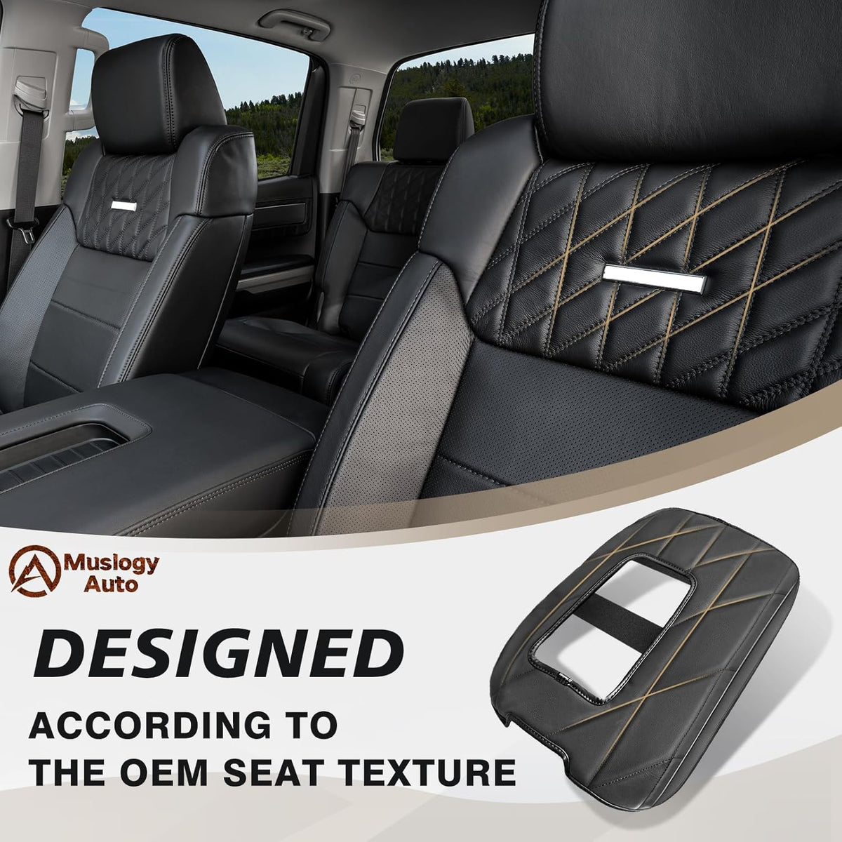 Muslogy Center Console Armrest Cover Compatible with Toyota Tundra 2014-2021 Comfort Armrest Pad Arm Rest Cushion Vegan Leather Protector Regular Thick(Bucket Seat ONLY)
