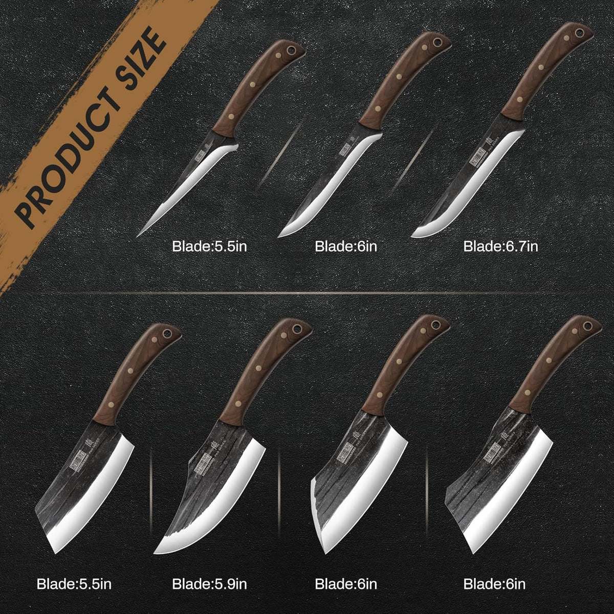 Butcher Knife Set, Hand Forged Butcher Chef Knife Set with Roll Bag, Sharp Meat Cleaver Knife & Bone Chopper Knives & Fillet Knives for Home & Camping & BBQ Gift for Men