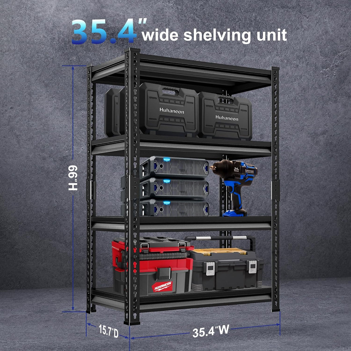 Adjustable Garage Storage Shelves, 35.4''W Garage Shelving Heavy Duty Loads 1280LBS, Metal Industrial Utility Shelf for Warehouse, Kitchen, Laundry Room,35.4" W x 15.7" D x 66" H,Black