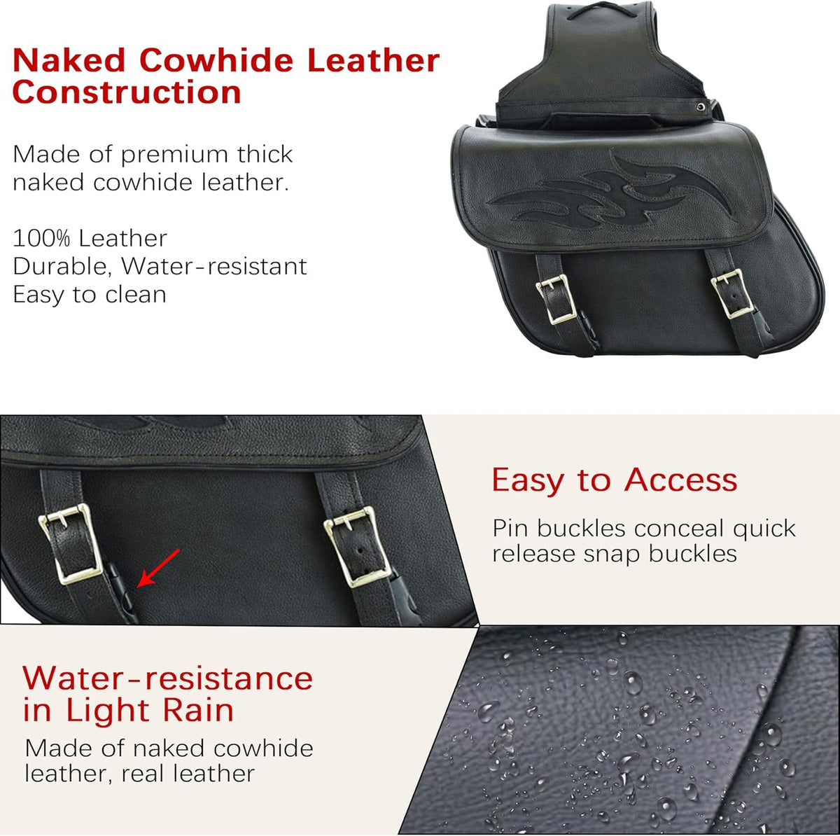 Dream Apparel Naked Cowhide Leather Motorcycle Saddle Bags Throw Over Saddlebags, Motorcycle Side Bags for Honda Shadow Sportster Softail Dyna V-star (Black, No Studs)