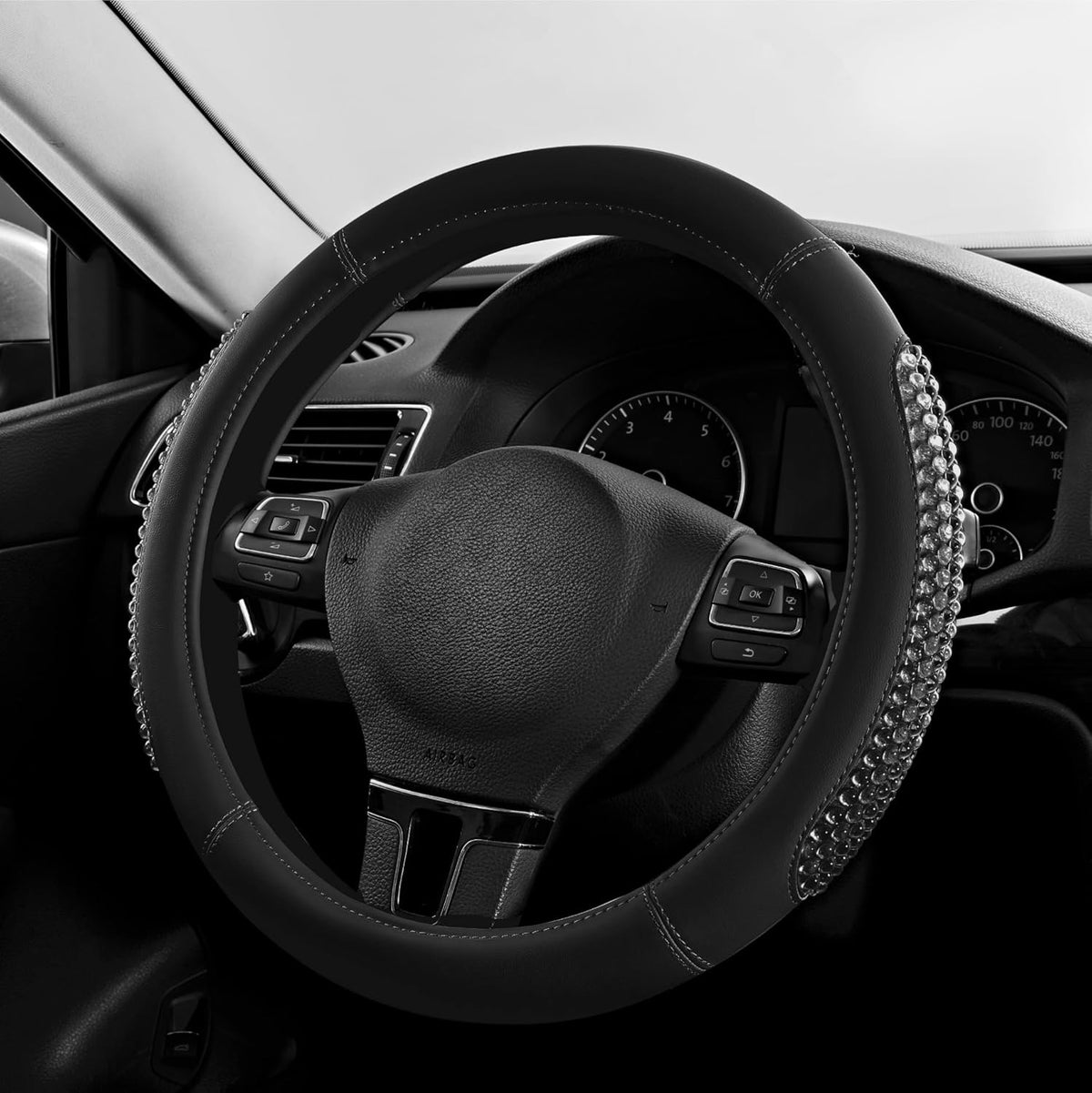 PIC AUTO Gel Particles Steering Wheel Cover, Black Luxury Leather Car Steering Wheel Protector, Universal Fit 14.5"-15.5" Anti-Slip Car Interior Accessories for Girls & Women