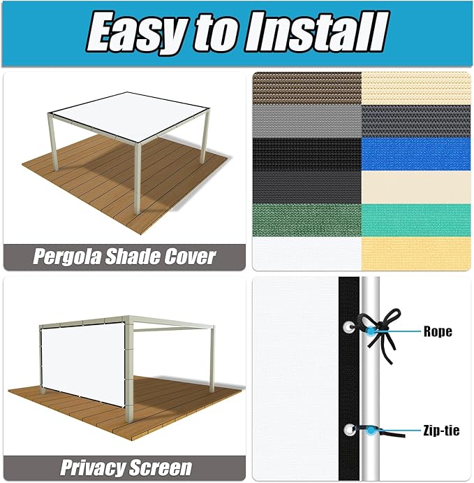 Amagenix 90% Pergola Shade Cover 7' X 7' Sun Shade Cloth with Grommets for Outdoor Garden Patio Porch, Commercial Grade 200 GSM - Cable Zip Ties Included (We Customized) GN108, White