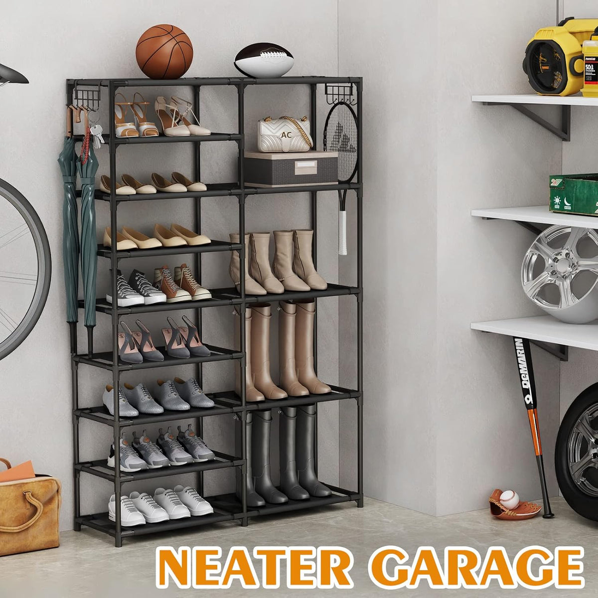 Tall Garage Shoe Rack Large Capacity,Two Rows Versatile Hooks Storage Boot Shelf Black 24-35 Pairs
