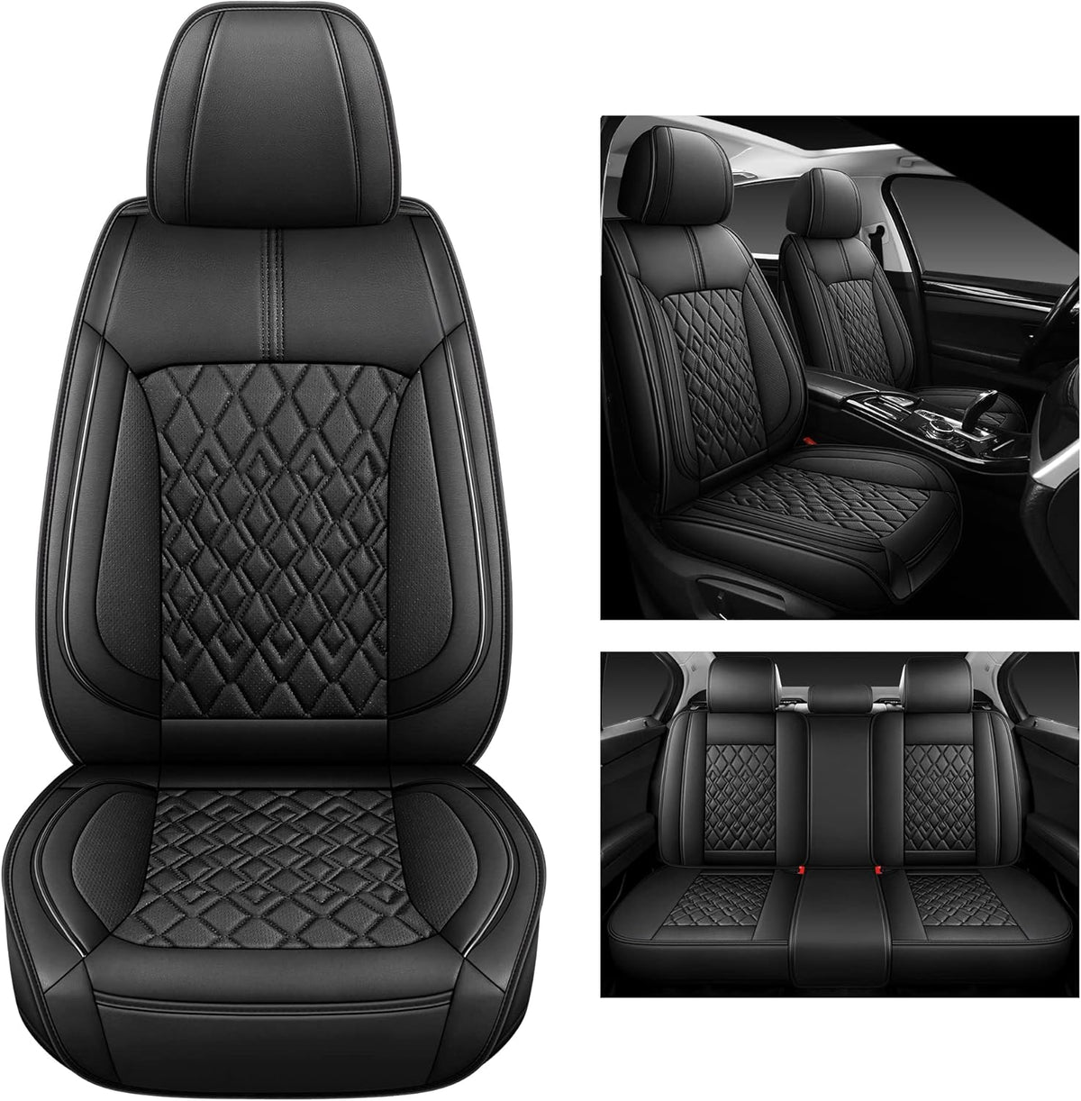 Pariitadin Leather Car Seat Covers Full Set, Waterproof Breathable Faux Leather Automotive Seat Covers for Cars, Non-Slip Car Interior Covers Universal Fit Most Cars Sedans Trucks SUVs, Black