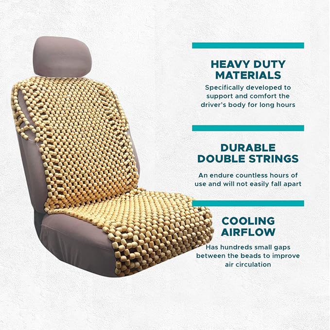 VaygWay Beaded Seat Cushion Car Driver Seat Cover with Durable & Double Strung Natural Wood Beads- Cooling Comfort Ventilated Massaging Support Cushion for Cars, Trucks & Office Chairs