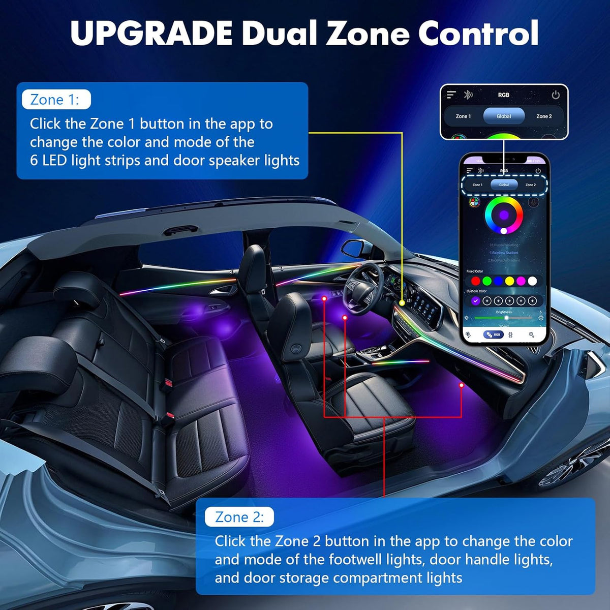 2025 Upgraded Acrylic Interior Car LED Strip Light with Self-Developed App Dreamcolor RGB 6 in 1 | Zone Control | Super Brighter LED Strips | Music Sync | 16M Colors Car Ambient Lighting