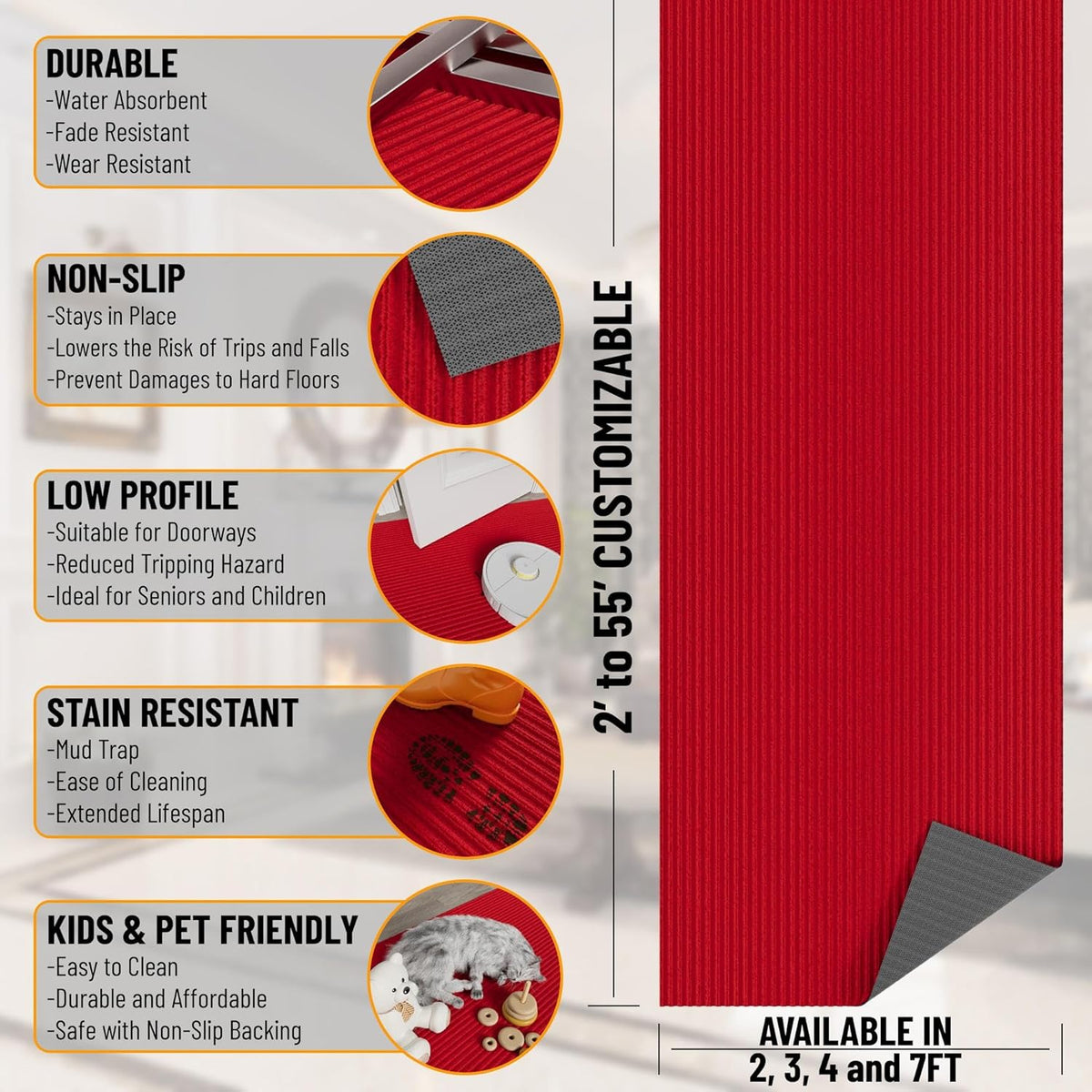 Ottomanson 2' x 18' Hallway Runner with Scraper Pile - Extra Durable Non-Slip Rug Mat for Indoor & Outdoor Use - Ideal for Kitchen, Entryway, Patio & Garage - High-Traffic Carpet, Red