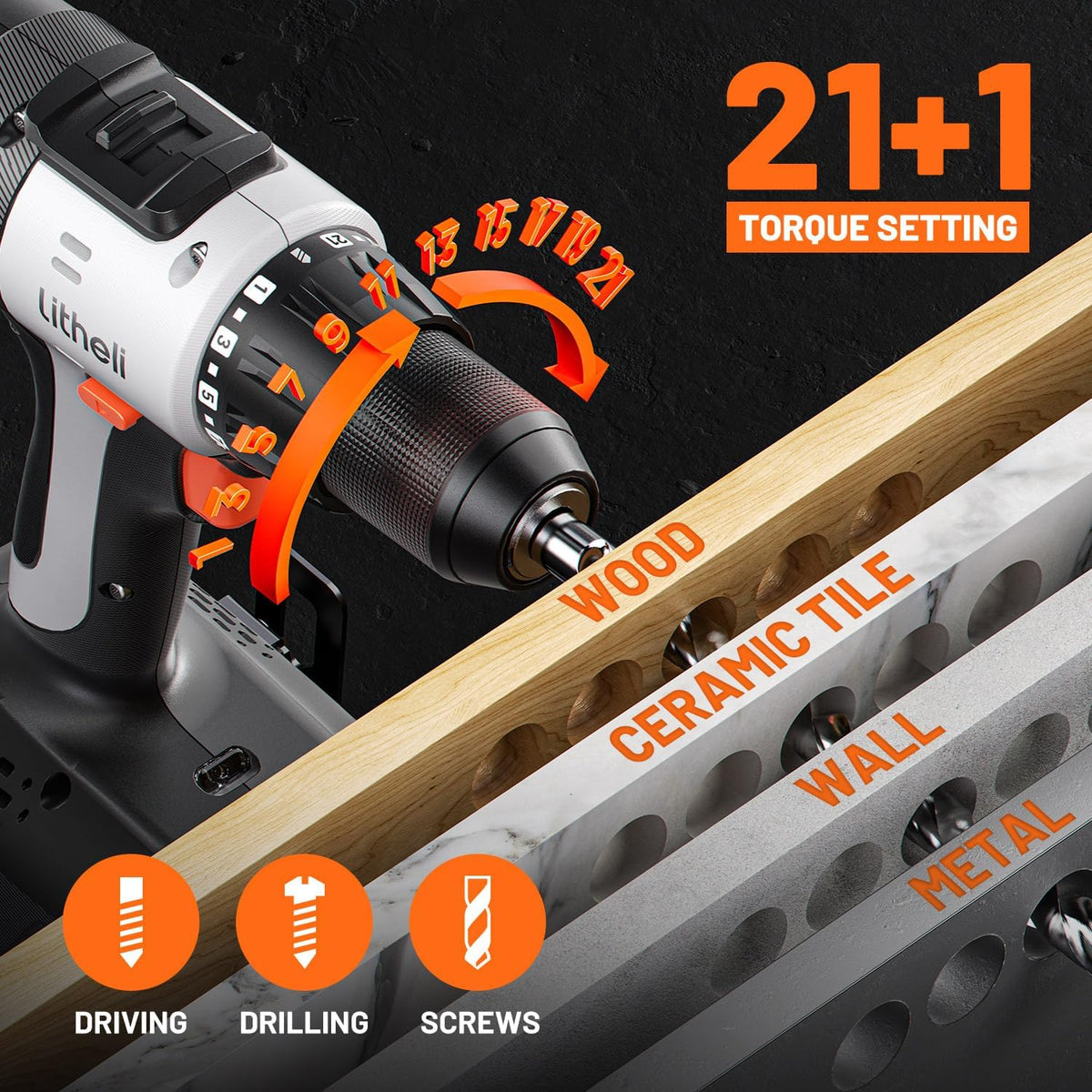 Litheli 20V Cordless Drill Driver, Electric Power Drill with 2 Variable Speed Settings, 1/2 Inch Keyless Chuck, 21+1 Clutch Settings with Maximum Torque of 443 In-lbs (Charger not Included)