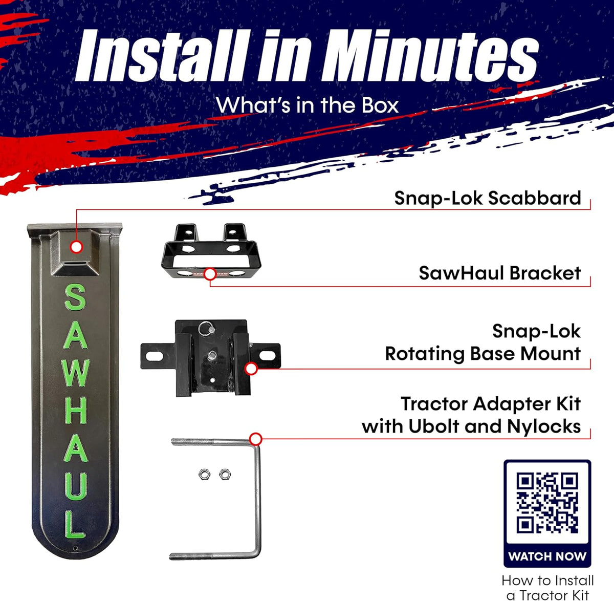 SawHaul Snap-Lok Universal Chainsaw Carrier Kit for Tractors and Skid Steers – 20 Inch Green Scabbard with Rotating Mount – Compatible with All Chainsaw Brands – Made in USA
