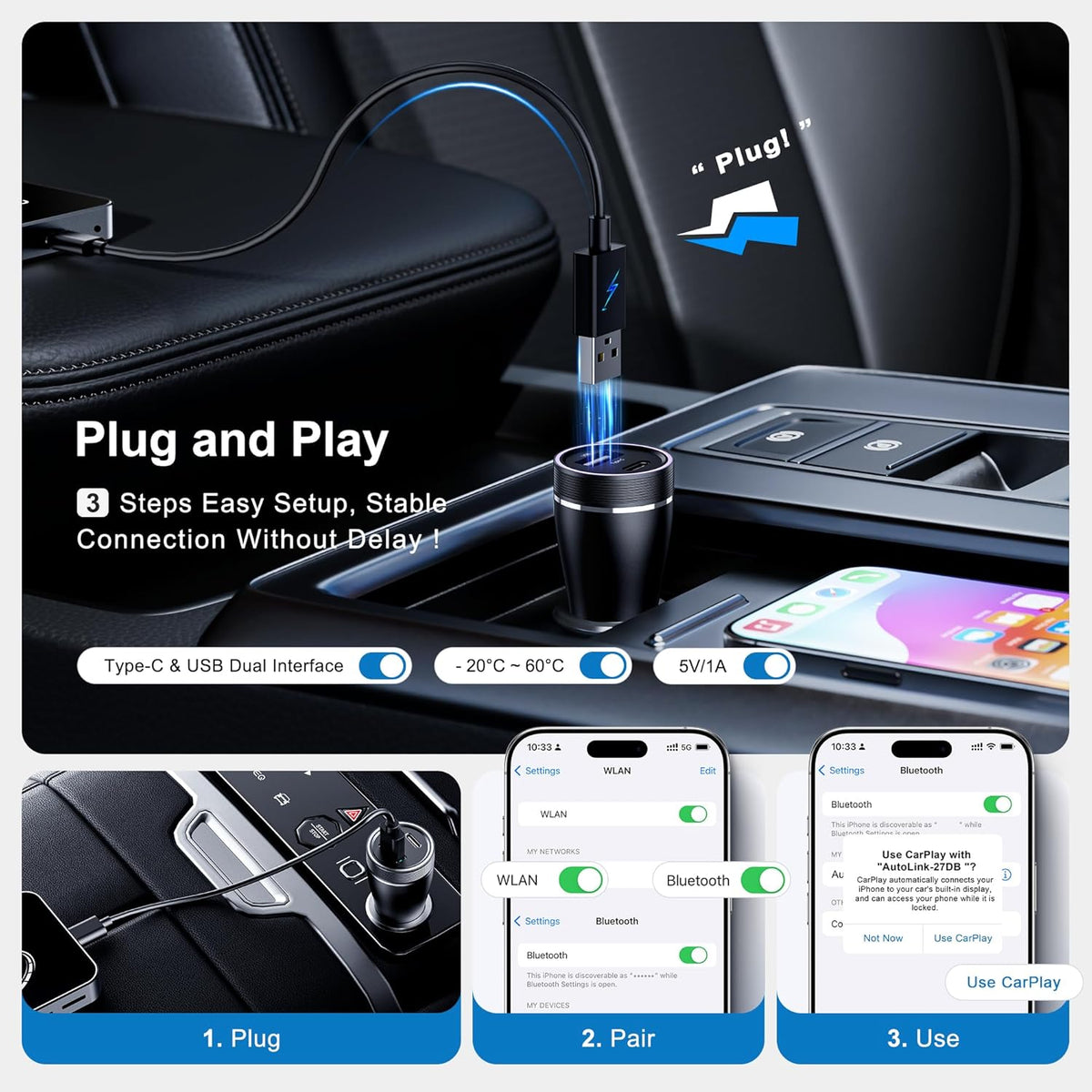 AI Box Wireless CarPlay & Auto Adapter - Plug & Play, Dual-Band WiFi, Bluetooth 5.0, 4K Video Support, Android 12.0 System, Compatible with Factory CarPlay & Android Auto （4GB RAM+32GB ROM）