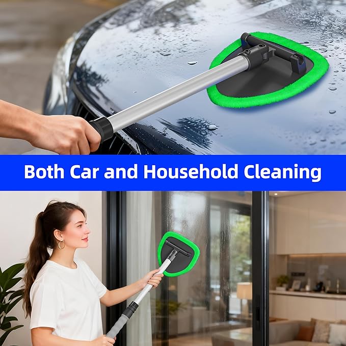 desin Windshield Cleaning Tool, Car Window Cleaner Windshield Cleaner with 4 Reusable and Washable Microfiber Pads and Extendable Handle Auto Inside Glass Wiper Kit (Green)