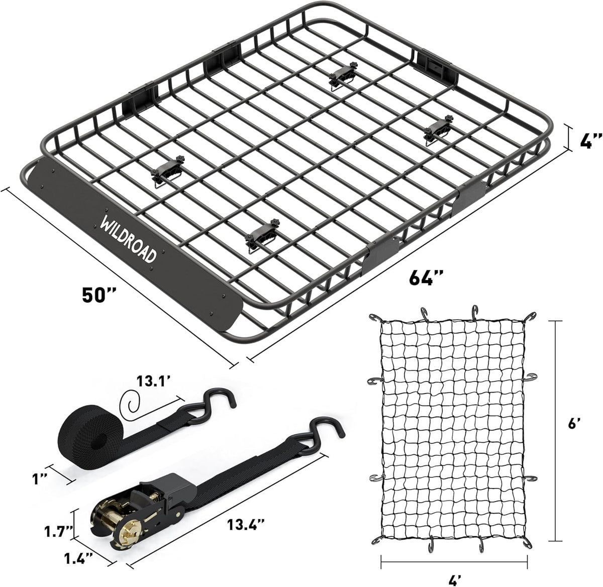 Wildroad Roof Rack Cargo Basket, Upgraded 4” Fence Wide Car Roof Basket, 64"x 50"x 4" Universal Car Top Carrier Basket with Super Duty Bungee Cargo Net and Ratchet Straps Fits for SUV Truck Cars