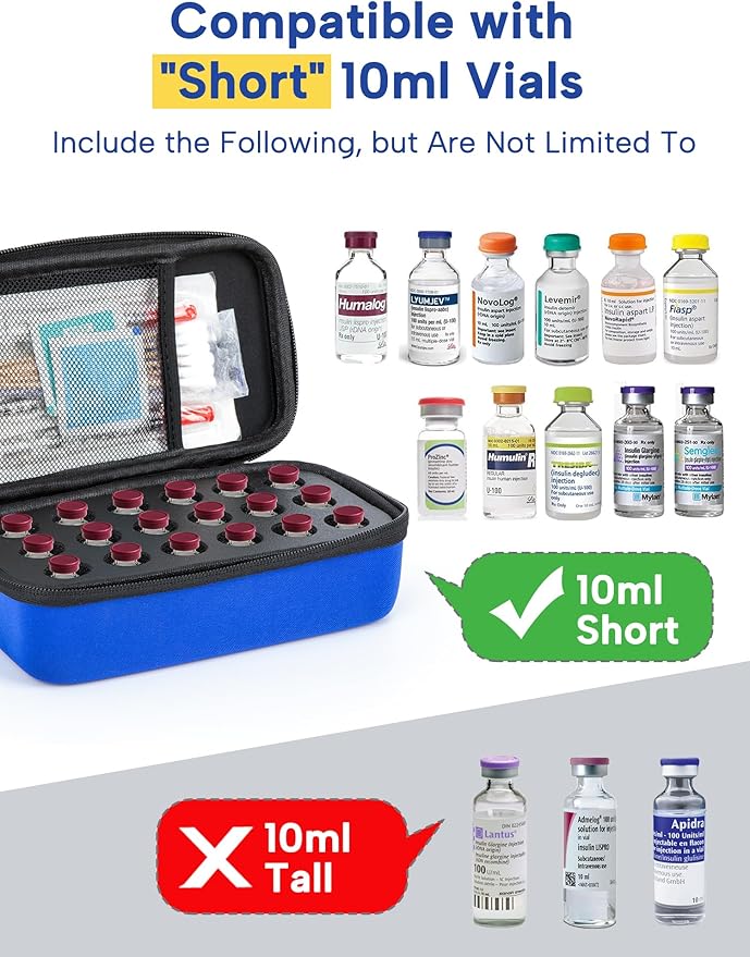 YOUSHARES Insulin Vials Refrigerator Storage Case - 10ml Peptide Vial Protective Holder for Fridge, 18-Slots Diabetic Insulin Small Bottle Organizer Bag Compatible with U-100 Vials